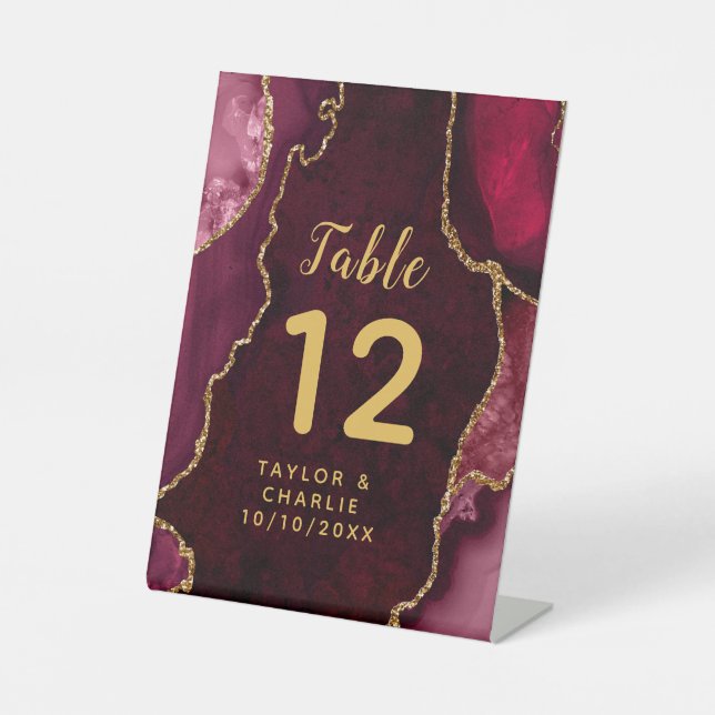 Red and Gold Agate Wedding Table Number Pedestal Sign (Front)