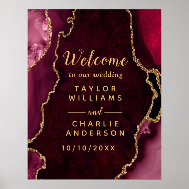 Red and Gold Agate Wedding Welcome Poster (Front)