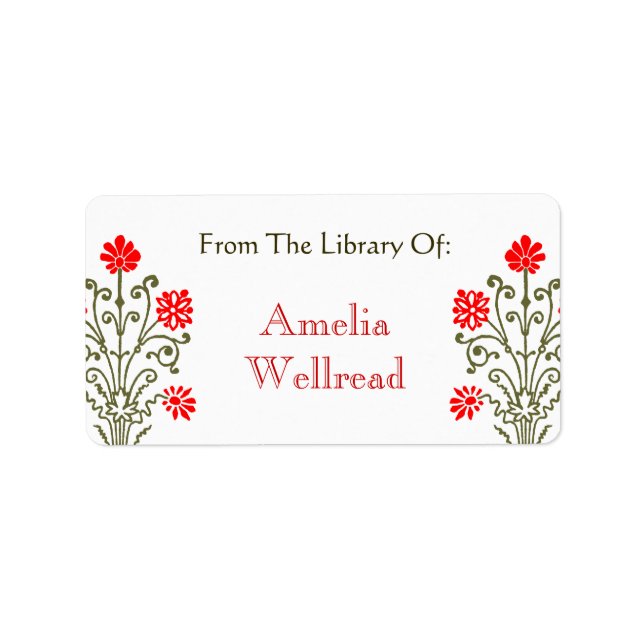 Red and Gold Antique Etching Custom Bookplate Label (Front)