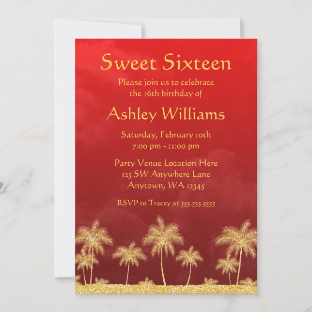 Red and Gold Arabian Nights Sweet 16 Invitations (Front)