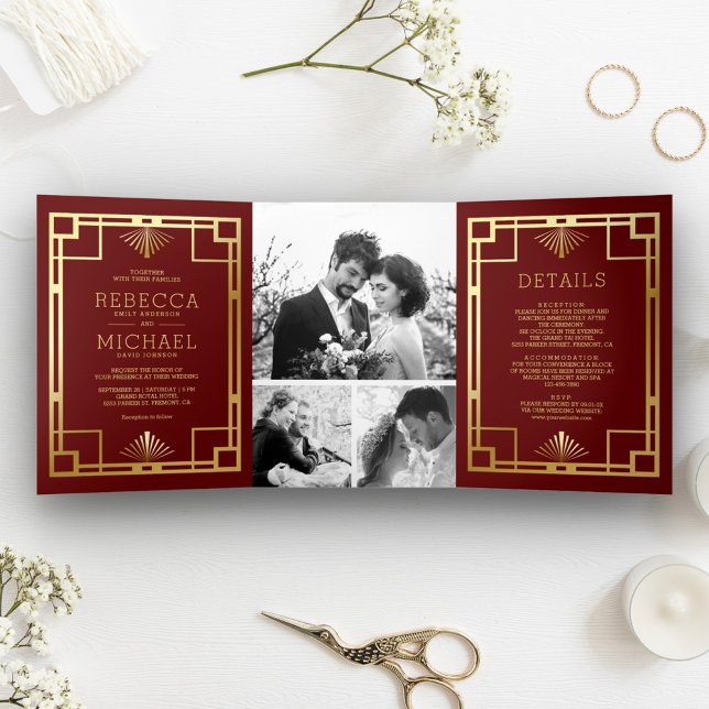 Red and Gold Art Deco Photo Collage Wedding Tri-Fold Invitation (Creator Uploaded)