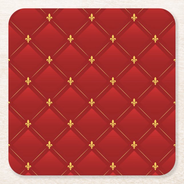 Red and Gold Art Nouveau Pattern Square Paper Coaster (Front)