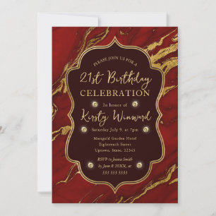 Red and Gold Autumn Fall Marble 21st Birthday Invitation