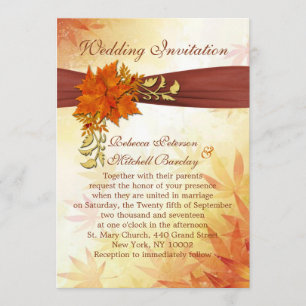 Red and gold autumnal leaves Wedding Invitation