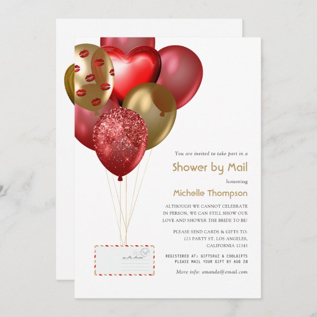 Red and Gold Balloon Baby or Bridal Shower by Mail Invitation (Front/Back)