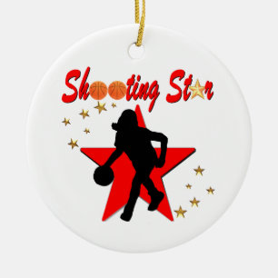 RED AND GOLD BASKETBALL SHOOTING STAR DESIGN CERAMIC TREE DECORATION