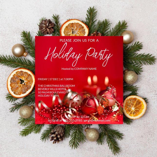 Red and gold baubles background Holiday  Invitation (Christmas Holiday party editable template invitation digital download red baubles gold corporate )