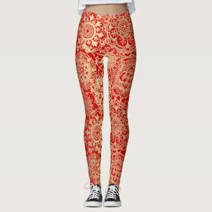 Red and Gold Boho Mandala Pattern Yoga Leggings