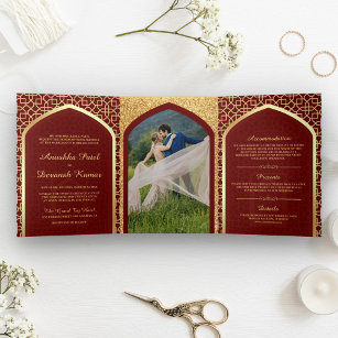 Red and Gold Bollywood Style Indian Wedding Tri-Fold Invitation
