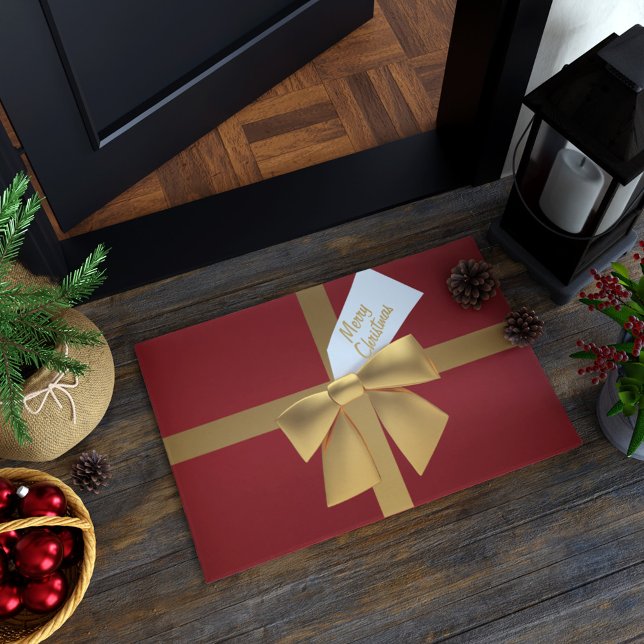 Red and Gold Bow Merry Christmas Doormat (Creator Uploaded)