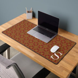 Red and Gold Brocade Monogrammed Desk Mat