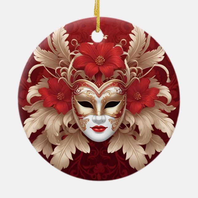 Red and gold carnival mask ceramic ornament (Back)