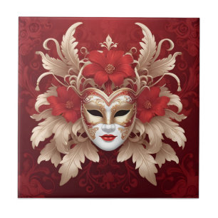 Red and gold carnival mask ceramic tile