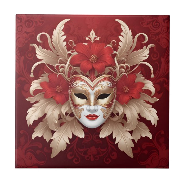 Red and gold carnival mask ceramic tile (Front)