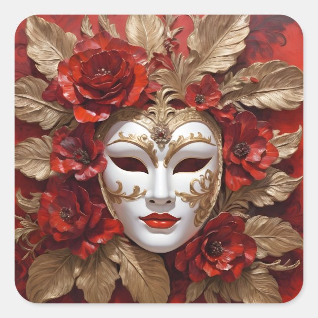 Red and gold carnival mask square sticker (Front)
