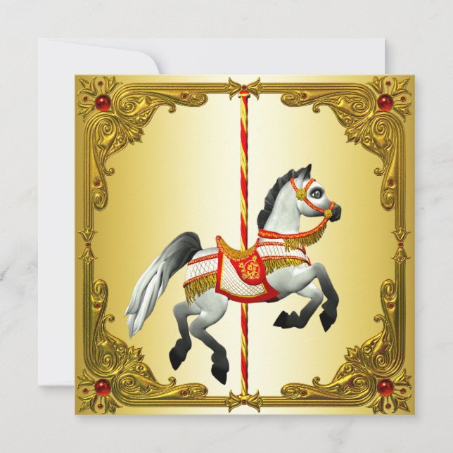 Red and Gold Carousel Horse Birthday Party Invitation (Front)