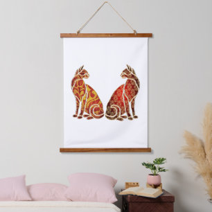 Red and Gold Cat Couple Hanging Tapestry