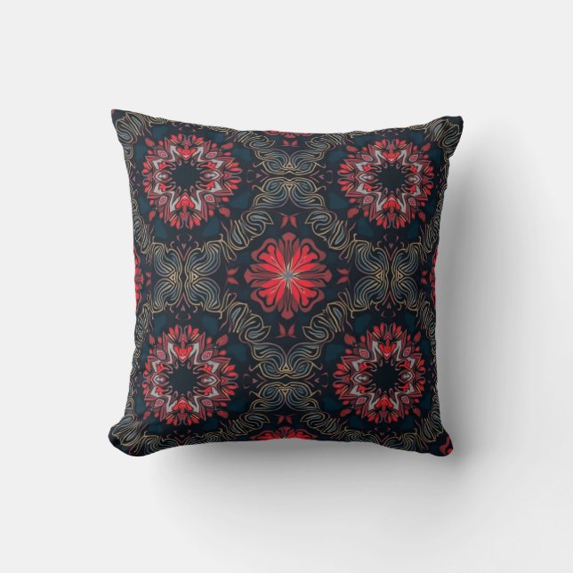 “Red and Gold Chaos Mandala Pattern Pillow” Cushion (Front)