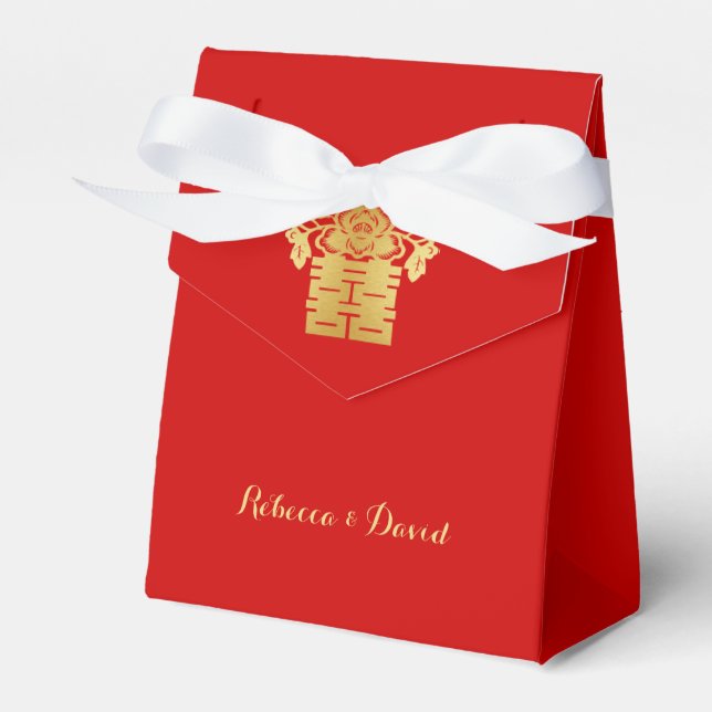Red and Gold Chinese Love Birds Double Happiness Favour Box (Front Side)