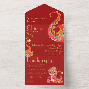 Red and gold, Chinese new year, year of the dragon All In One Invitation