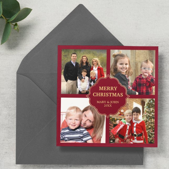 Red and Gold Christmas 4 Square Photos Collage Holiday Card (Creator Uploaded)