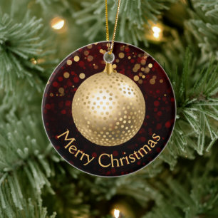 Red and Gold Christmas Bauble & Bokeh Ceramic Ornament