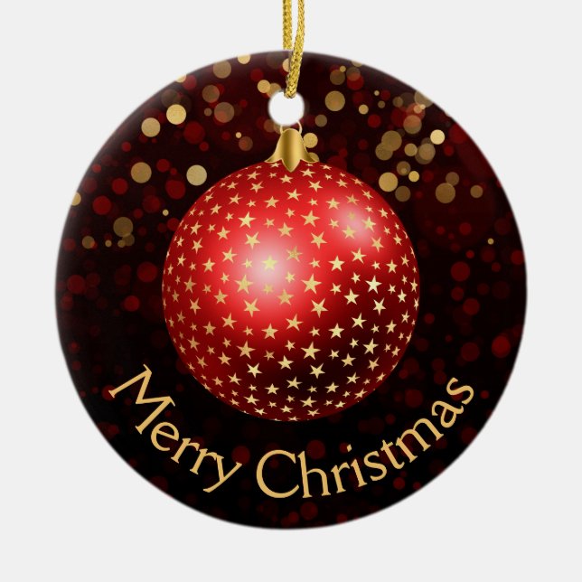 Red and Gold Christmas Baubles & Bokeh Ceramic Ornament (Front)