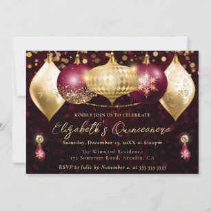 Red and Gold Christmas Baubles Quinceanera Invitation