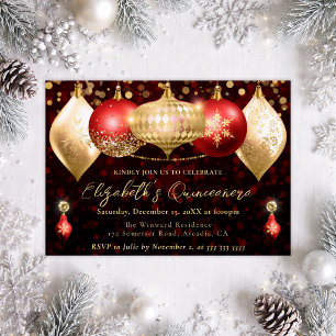 Red and Gold Christmas Baubles Quinceanera Invitation