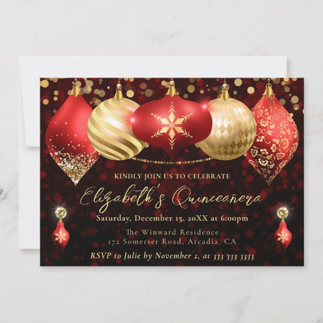 Red and Gold Christmas Baubles Quinceanera Invitation (Front)