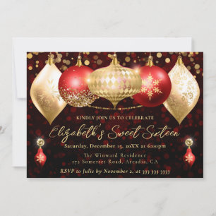 Red and Gold Christmas Baubles Sweet 16 Invitation