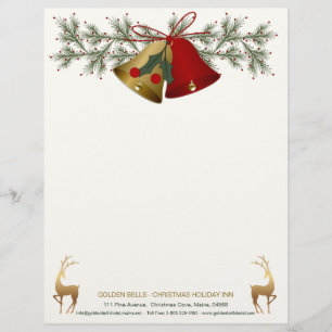 Red and gold Christmas bells, holly and pine Custom Letterhead
