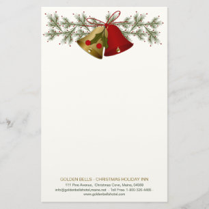 Red and gold Christmas bells, holly and pine Stationery