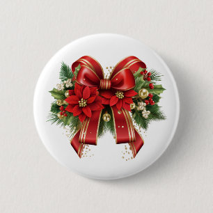 Red and Gold Christmas Bow Festive 6 Cm Round Badge