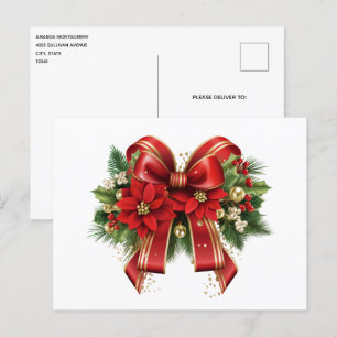 Red and Gold Christmas Bow Festive Postcard