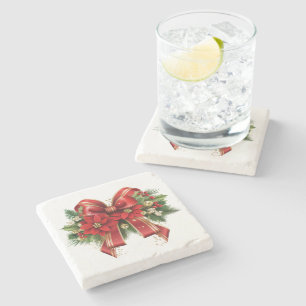 Red and Gold Christmas Bow Festive Stone Coaster
