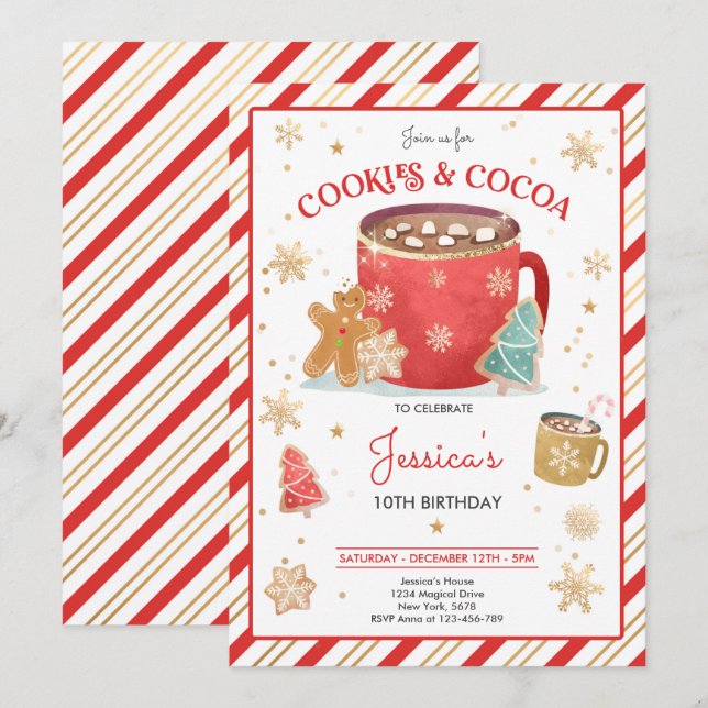 Red And Gold Christmas Cookies and Cocoa Birthday Invitation (Front/Back)