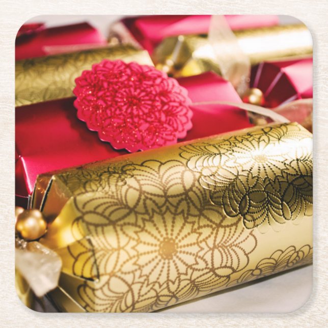 Red and Gold Christmas Crackers Square Paper Coaster (Front)