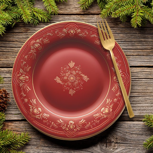 Red and Gold Christmas Elegance Dinner Paper Plate (Creator Uploaded)