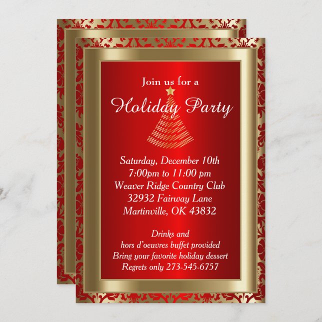 Red and Gold Christmas Holiday Tree Invitation (Front/Back)