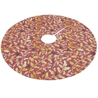 Red and gold christmas holly branches pattern fleece tree skirt