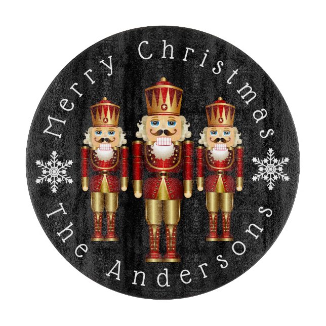 Red and Gold Christmas Nutcrackers Personalise Cut Cutting Board (Front)