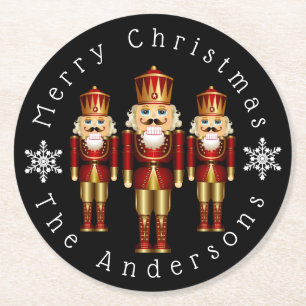 Red and Gold Christmas Nutcrackers Personalise Rou Round Paper Coaster