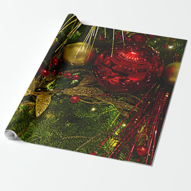 Red and Gold Christmas Ornaments Xmas Tree Lg Wrap Wrapping Paper (Unrolled)