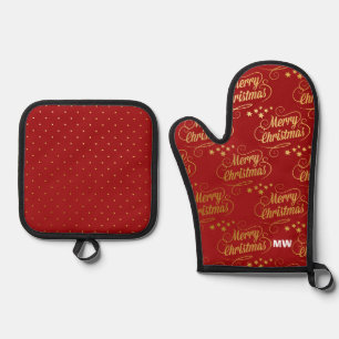 Red and Gold Christmas Oven Mitt & Pot Holder Set