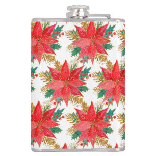 Red and gold Christmas poinsettia pattern Hip Flask