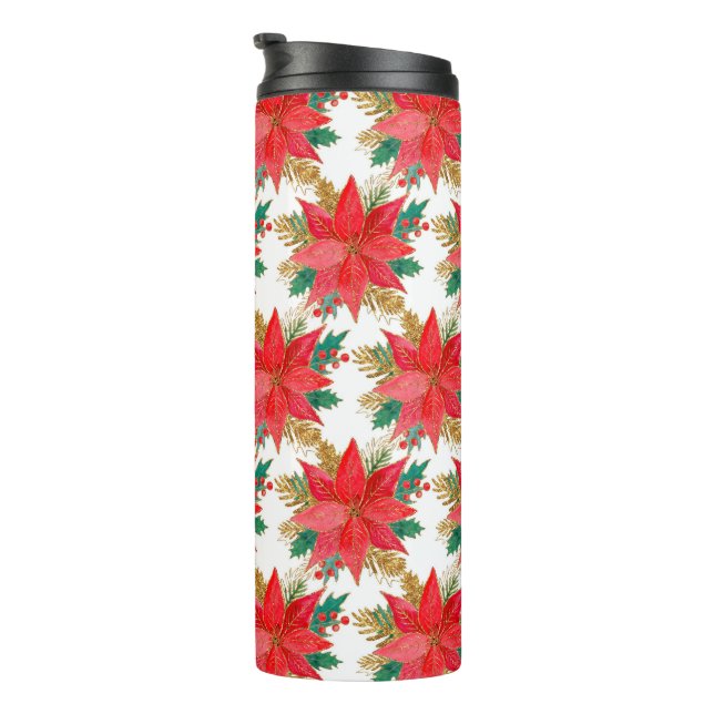 Red and gold Christmas poinsettia pattern Thermal Tumbler (Rotated Right)