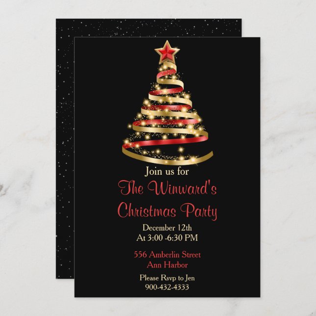 Red and Gold Christmas Tree Invitation (Front/Back)