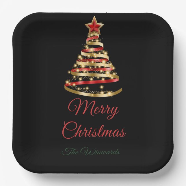 Red and Gold Christmas Tree Paper Plate (Front)