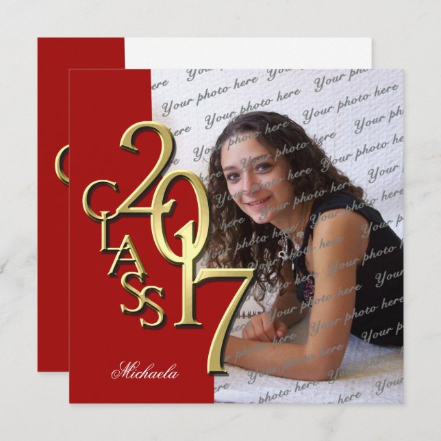 Red and Gold Class of 2017 Photo Graduation Invitation (Front/Back)